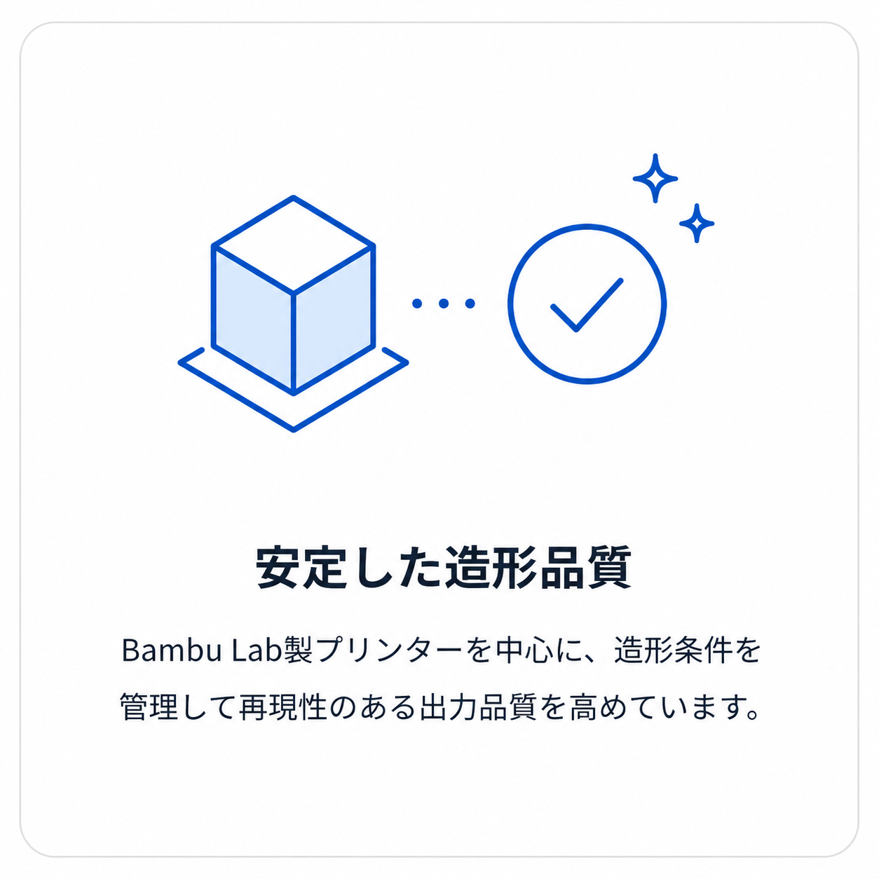 安定した造形品質。Bambu Lab製プリンターを中心に、造形条件を管理して再現性のある出力品質を高めています。